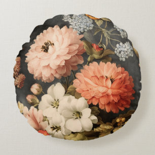 Cojín Redondo Ilustración floral vintage con flores mixtas