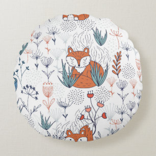 Cojín Redondo Ilustracion forestal infantil, zorros y flores.