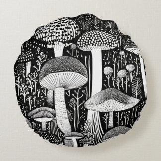 Cojín Redondo Ilustracion forestal monocromo
