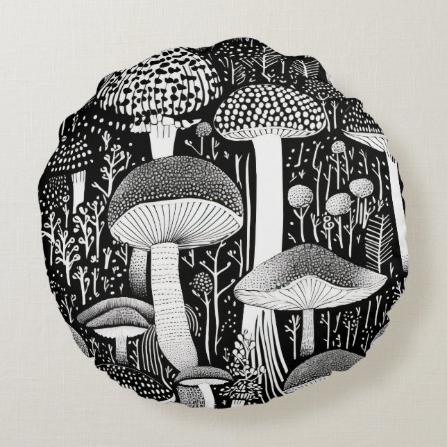 Cojín Redondo Ilustracion forestal monocromo (Reverso)