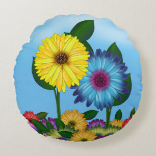 Cojín Redondo Ilustracion girasol amarillo y azul