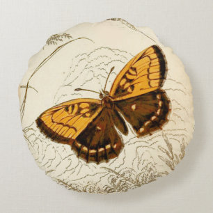Cojín Redondo Ilustracion mariposa de época, oro y marrón