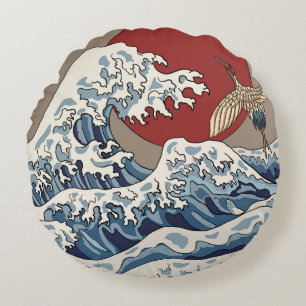 Cojín Redondo Ilustracion ondulado japonés tradicional C