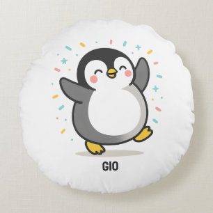 Cojín Redondo Ilustración personalizada de pingüino bailando fel