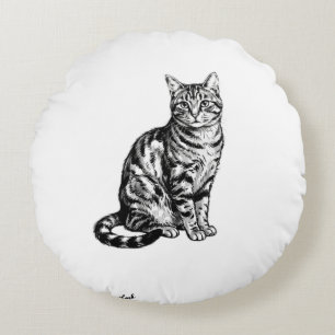 Cojín Redondo Ilustración PNG de gato con tinta negra elegante