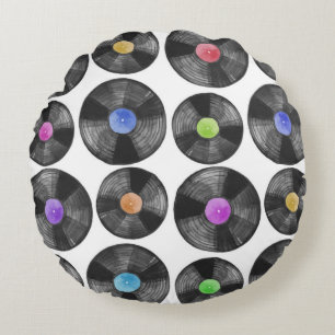 Cojín Redondo Ilustracion retro de registros LP de vinilo