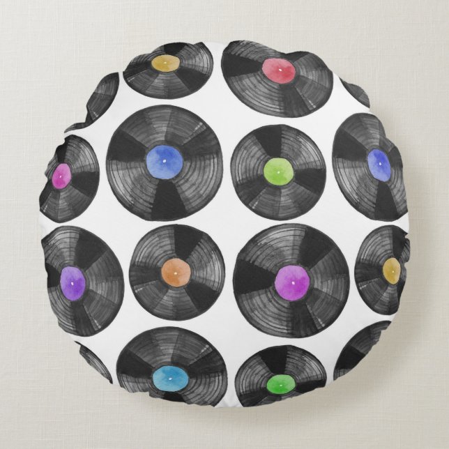 Cojín Redondo Ilustracion retro de registros LP de vinilo (Anverso)