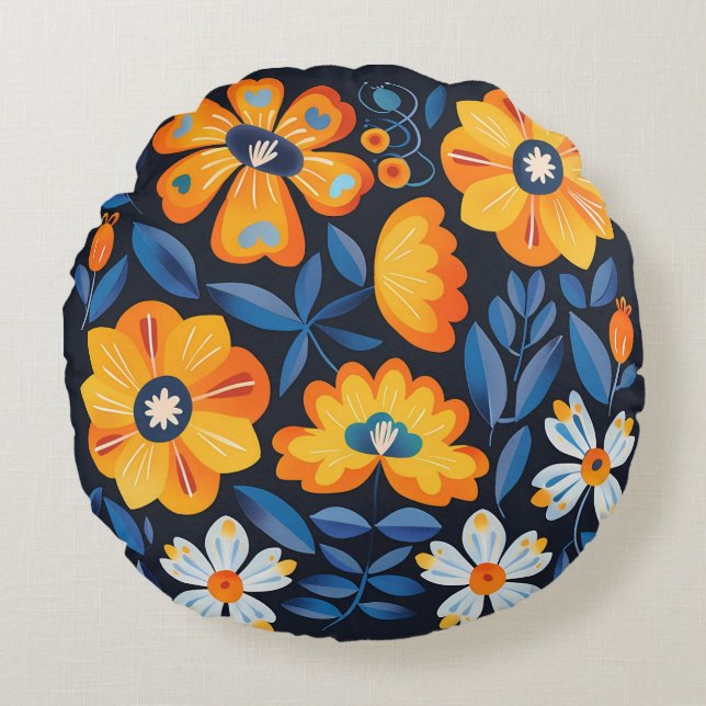 Cojín Redondo Ilustracion retro floral negrita en Naranja y azul (Anverso)