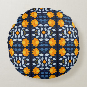 Cojín Redondo Ilustracion retro floral negrita en Naranja y azul