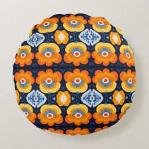 Cojín Redondo Ilustracion retro floral negrita en Naranja y azul