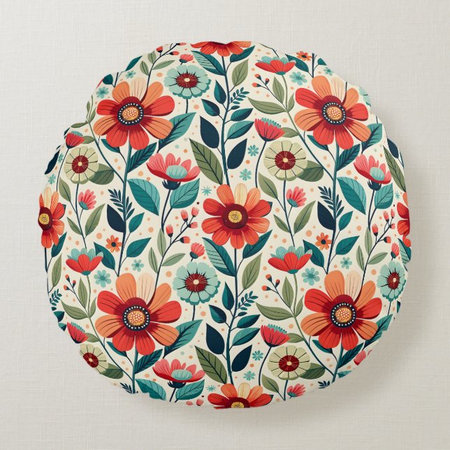 Cojín Redondo Ilustracion Shabby Chic Peach Blue Wildflowers (Anverso)