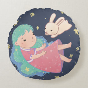 Cojín Redondo Ilustracion Starry Night Bunny & Chica