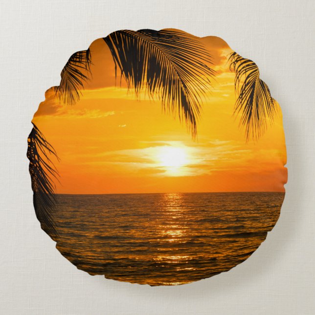 Cojín Redondo Ilustracion Tropical Beach Sunset Palm (Anverso)