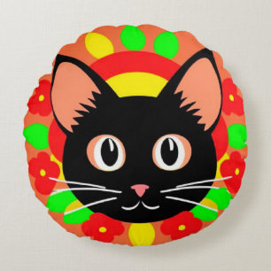Cojín Redondo Ilustración Vibrante de Cara de Gato Adorable