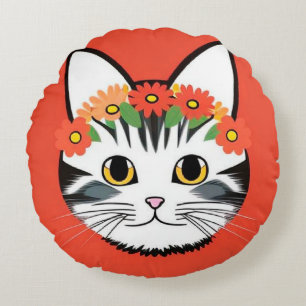 Cojín Redondo Ilustración Vibrante de Cara de Gato Adorable