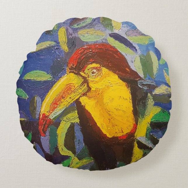 Cojín Redondo Imagen de mi obra arte Tucán (Anverso)