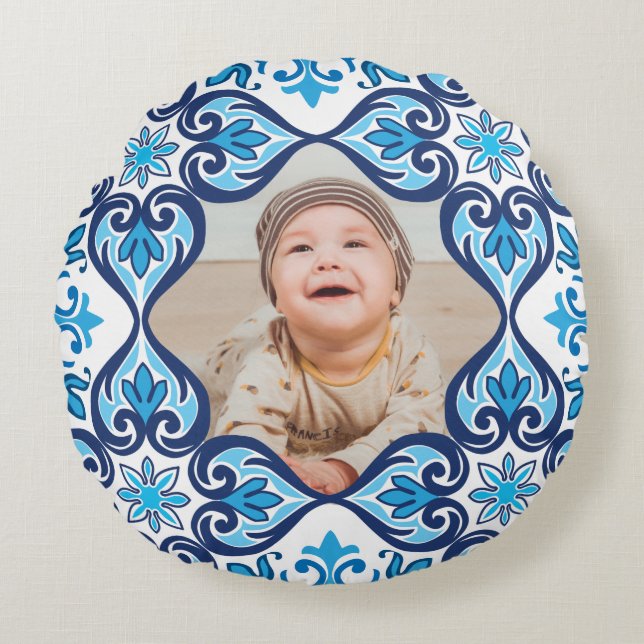 Cojín Redondo Imagen propia, azules y azules Azulejos (Anverso)