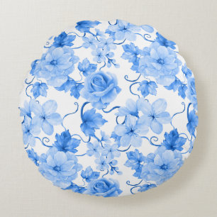 Cojín Redondo Impresión botánica floral de chinoiserie azul y bl