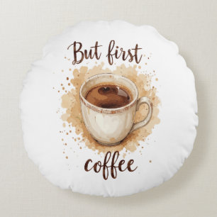 Cojín Redondo Impresión de arte de la Copa de Café acuarela - pe