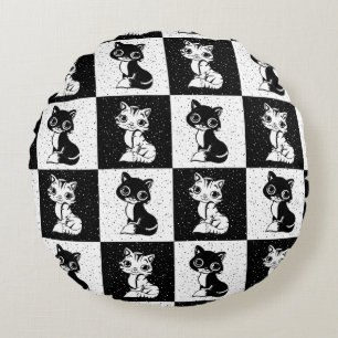 Cojín Redondo Impresión de bloques de gato blanco negro