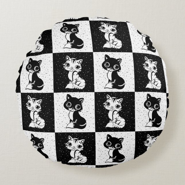 Cojín Redondo Impresión de bloques de gato blanco negro (Anverso)