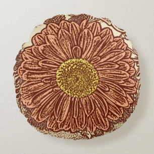 Cojín Redondo Impresión de bloques de margarita de Gerbera, marr