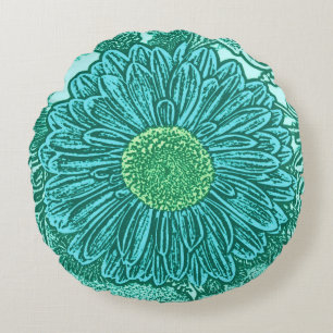Cojín Redondo Impresión de bloques de margarita de Gerbera, turq