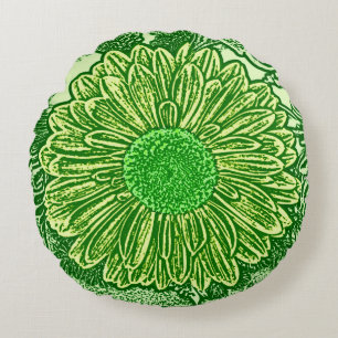 Cojín Redondo Impresión de bloques de margarita de Gerbera, verd
