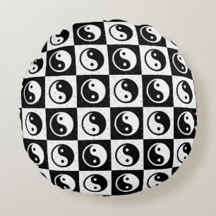 Cojín Redondo Impresión de bloques en Zen Yin-yang en blanco neg