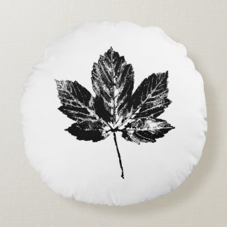 Cojín Redondo Impresión de hojas de arce en blanco y negro