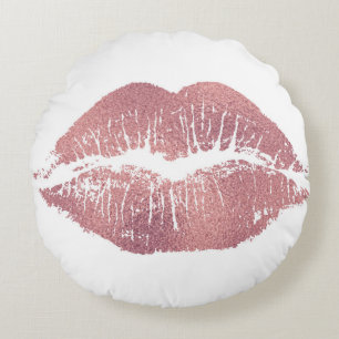 Cojín Redondo Impresión de labios rosados vintage, oro rosa.