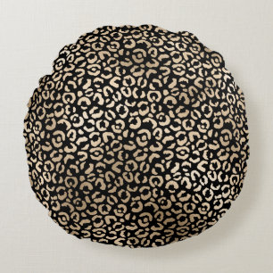 Cojín Redondo Impresión de leopardo negro de oro girado