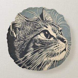 Cojín Redondo Impresión de linóleo para gatos tabulados