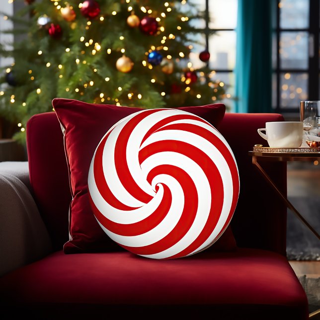 Cojín Redondo Impresión de menta decorativa festiva (Festive Peppermint Pattern Decorative Round Christmas Pillow)
