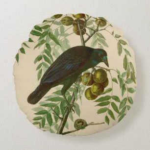 Cojín Redondo Impresión de pájaro Grackle púrpura de Audubon Vin