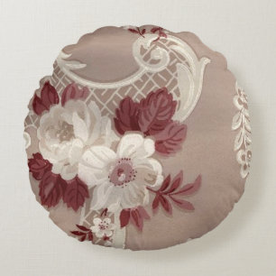 Cojín Redondo Impresión de papel pintado crema y burgundy