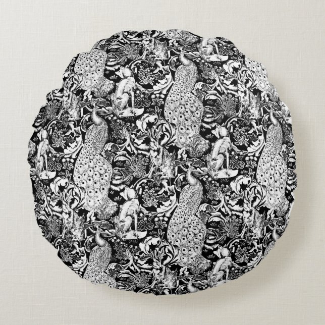 Cojín Redondo Impresión de pavo real Art Nouveau, negro y blanco (Anverso)