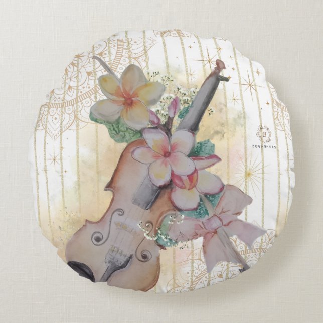 Cojín Redondo Impresión de violines con flores (Anverso)