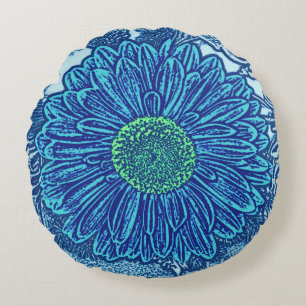 Cojín Redondo Impresión en bloque de Gerbera Daisy, azul cerúleo