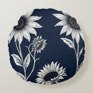 Cojín Redondo Impresión en bloque de girasoles azules y blancos