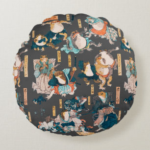 Cojín Redondo Impresión en madera de rana japonesa Kuniyoshi Uki