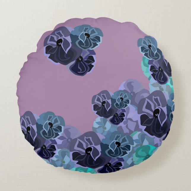 Cojín Redondo Impresión floral romántica Verde azulada y de lava (Anverso)