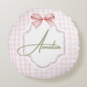 Cojín Redondo Impresión personalizada Amelia Pink Bow & Gingham