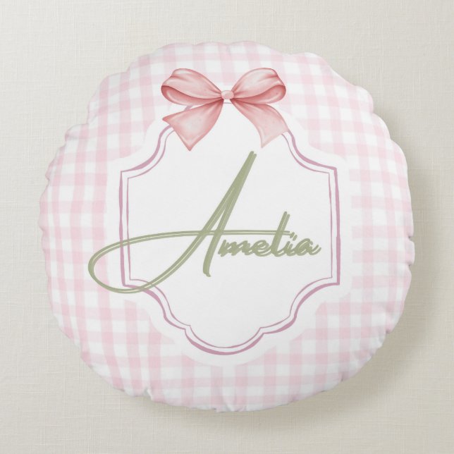 Cojín Redondo Impresión personalizada Amelia Pink Bow & Gingham (Anverso)