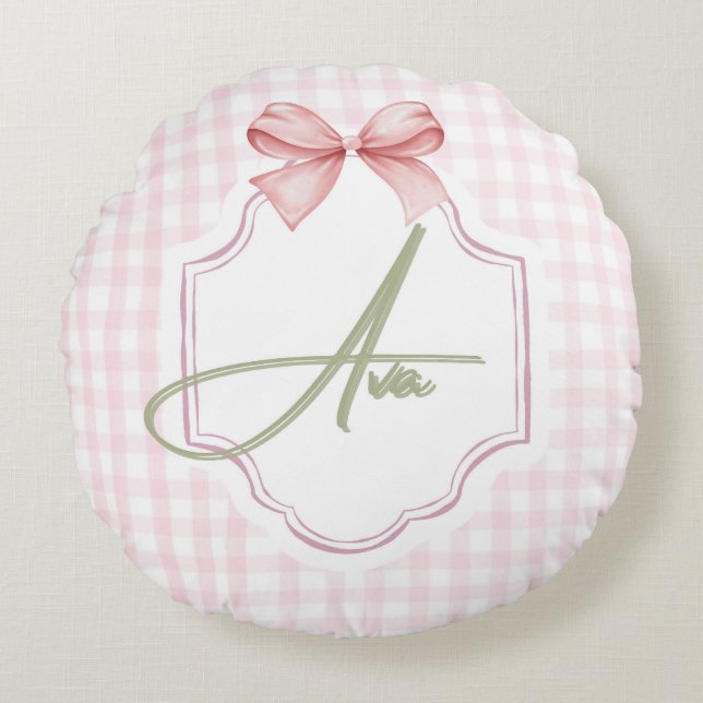 Cojín Redondo Impresión personalizada Ava Pink Bow & Gingham (Anverso)