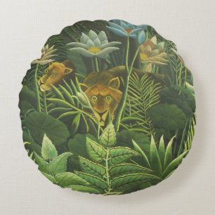 Cojín Redondo Impresión vintage de león en jungla tropical de He