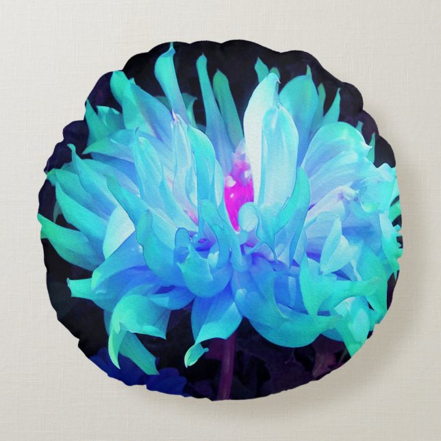 Cojín Redondo Impresionante Aqua Cactus Azul y Verde Dahlia (Anverso)