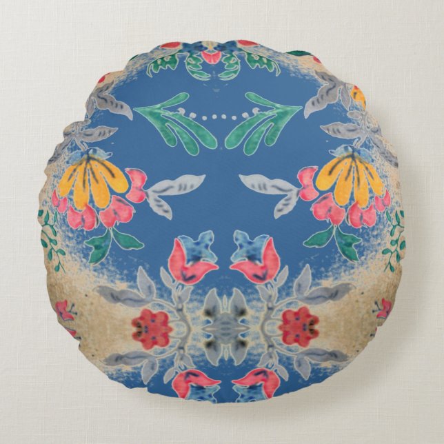 Cojín Redondo Imprimir papel pintado de color azul rosa amarillo (Anverso)