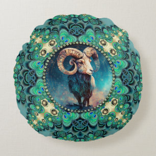 Cojín Redondo Increíble Aries Zodiaco Verde Azul Fractal Encaje