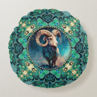 Cojín Redondo Increíble Aries Zodiaco Verde Azul Fractal Encaje